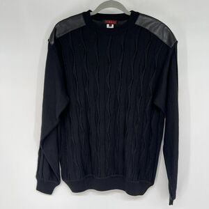 Vintage Torras Sweater 40 M Black Knit Textured Wool Blend Leather Trim